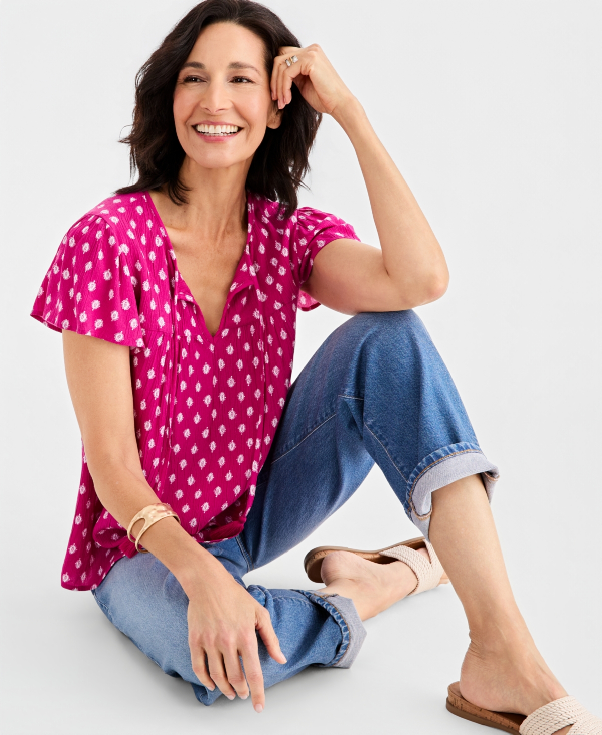 Style & Co Women's Printed Split-Neck Flutter-Sleeve Blouse, Macy's Exclusive