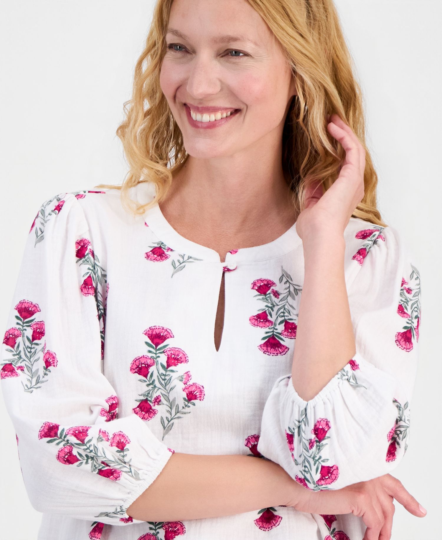 Women's Printed Cotton Gauze 3/4-Sleeve Top
