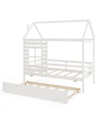 Wooden House Bed with Trundle and Roof Platform Frame