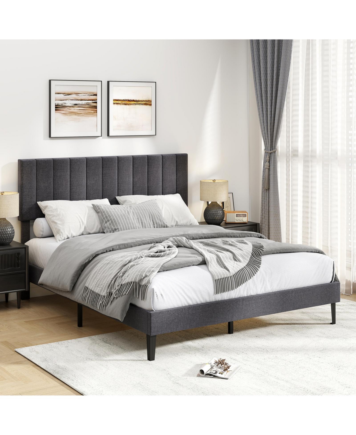 Slickblue Modern Velvet Platform Bed with Height Adjustable Channel Headboard Upholstered Frame