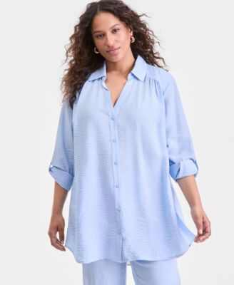 Plus Size Roll-Tab-Sleeve Button-Front Tunic