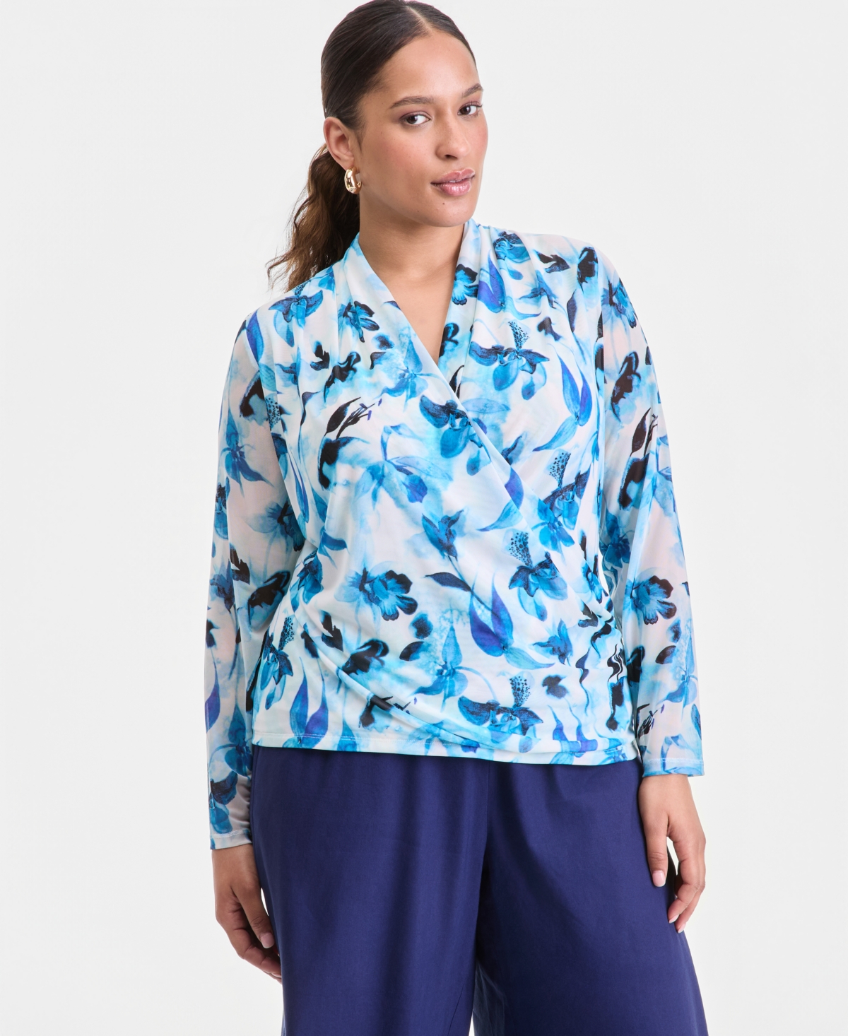I.n.c. International Concepts Plus Mesh Draped Top, Macy's Exclusive