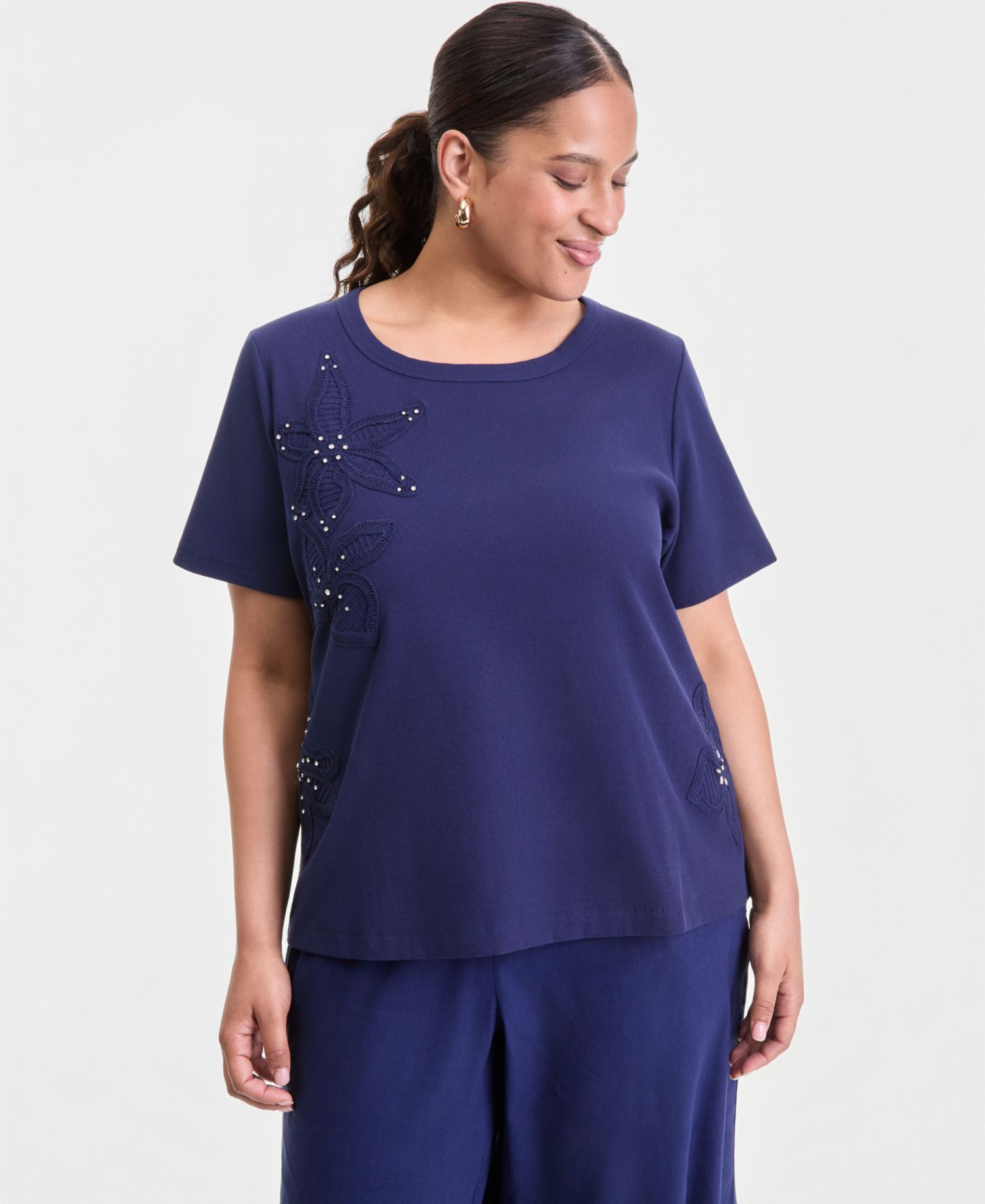 Plus Size Short-Sleeve Crochet Embellished T-Shirt