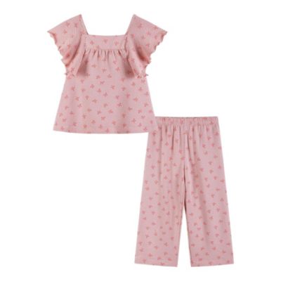 Toddler Girls Toddler/Child Bow Print Knit Seersucker Top and Pant Set