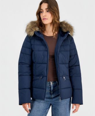 Juniors' Faux-Fur-Trim Hooded Puffer Coat