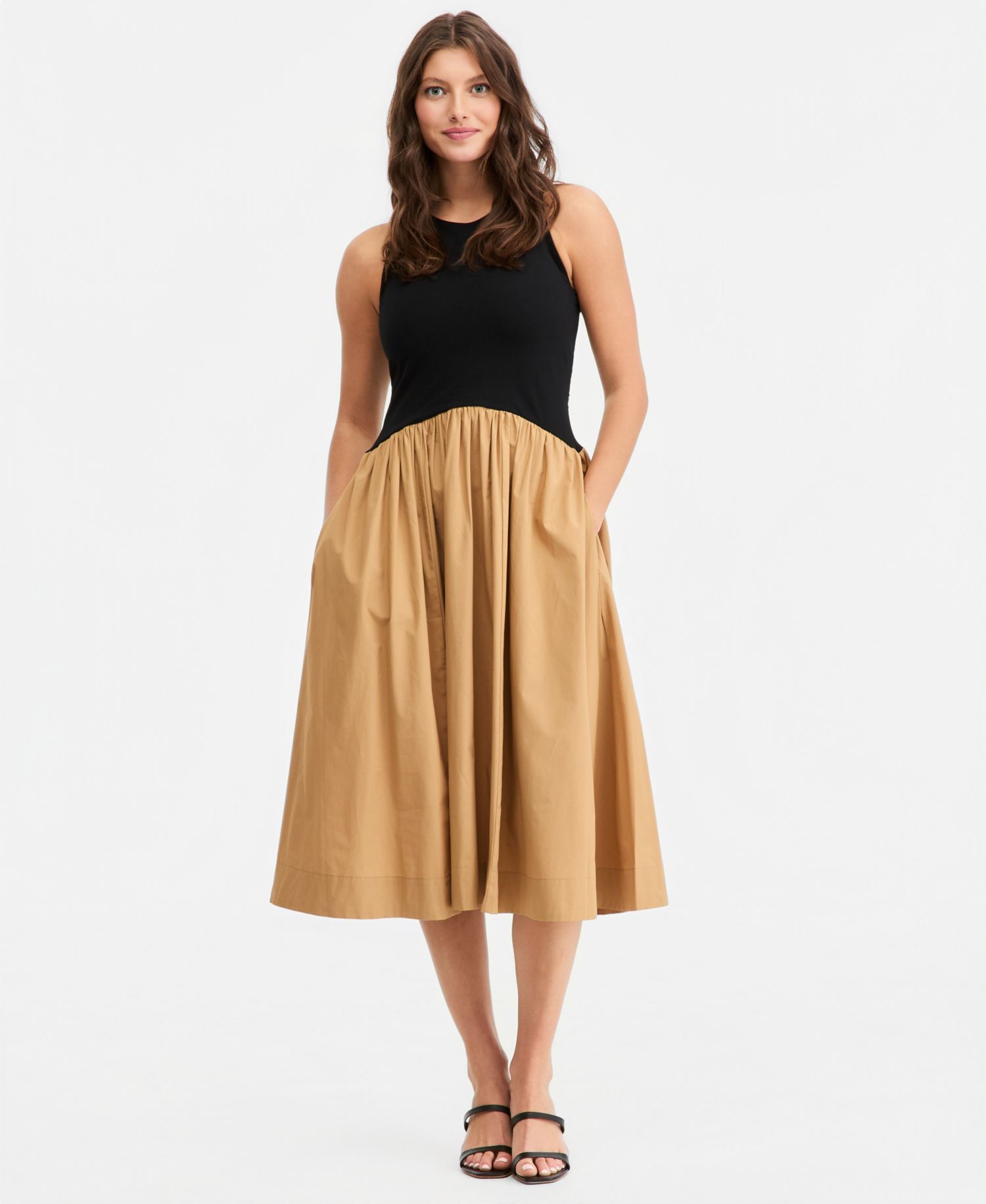 Women's Curved-Waist Mixed-Media Midi Dress