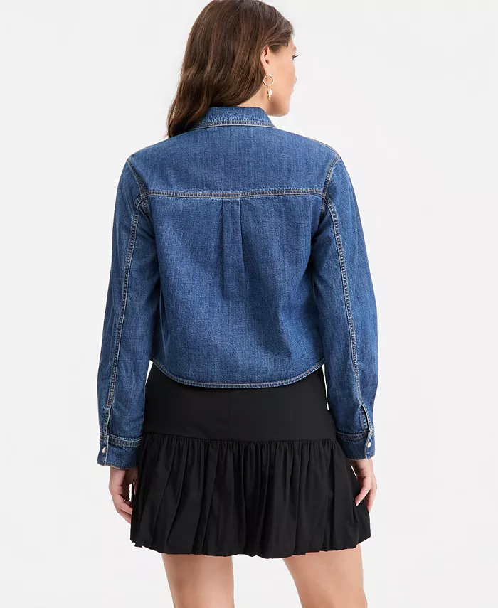 Women's Long Sleeve Cropped Denim Shirt - thumbnail 2