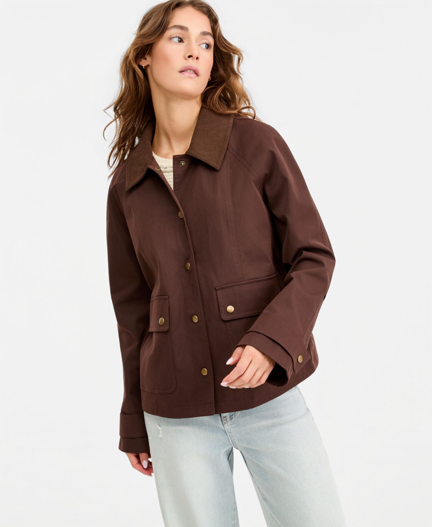 Juniors' Contrast-Collar Snap-Front Barn Jacket