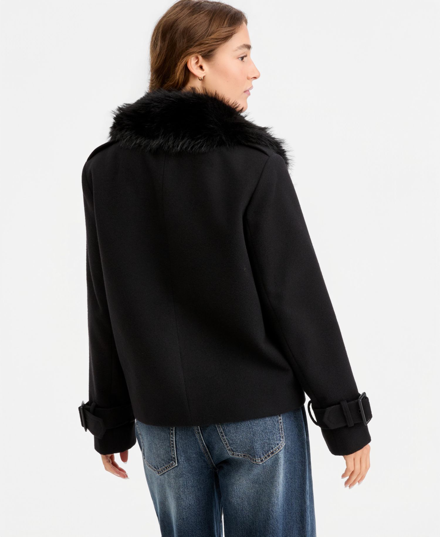 Marilyn & Me Juniors' Faux-Fur-Collar Double-Breasted Jacket