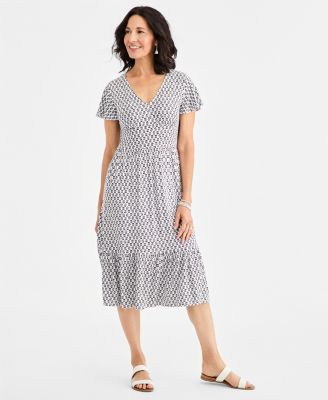Women's Printed V-Neck Tiered Midi Dress