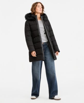 Juniors' Hooded Faux-Fur-Trim Puffer Coat