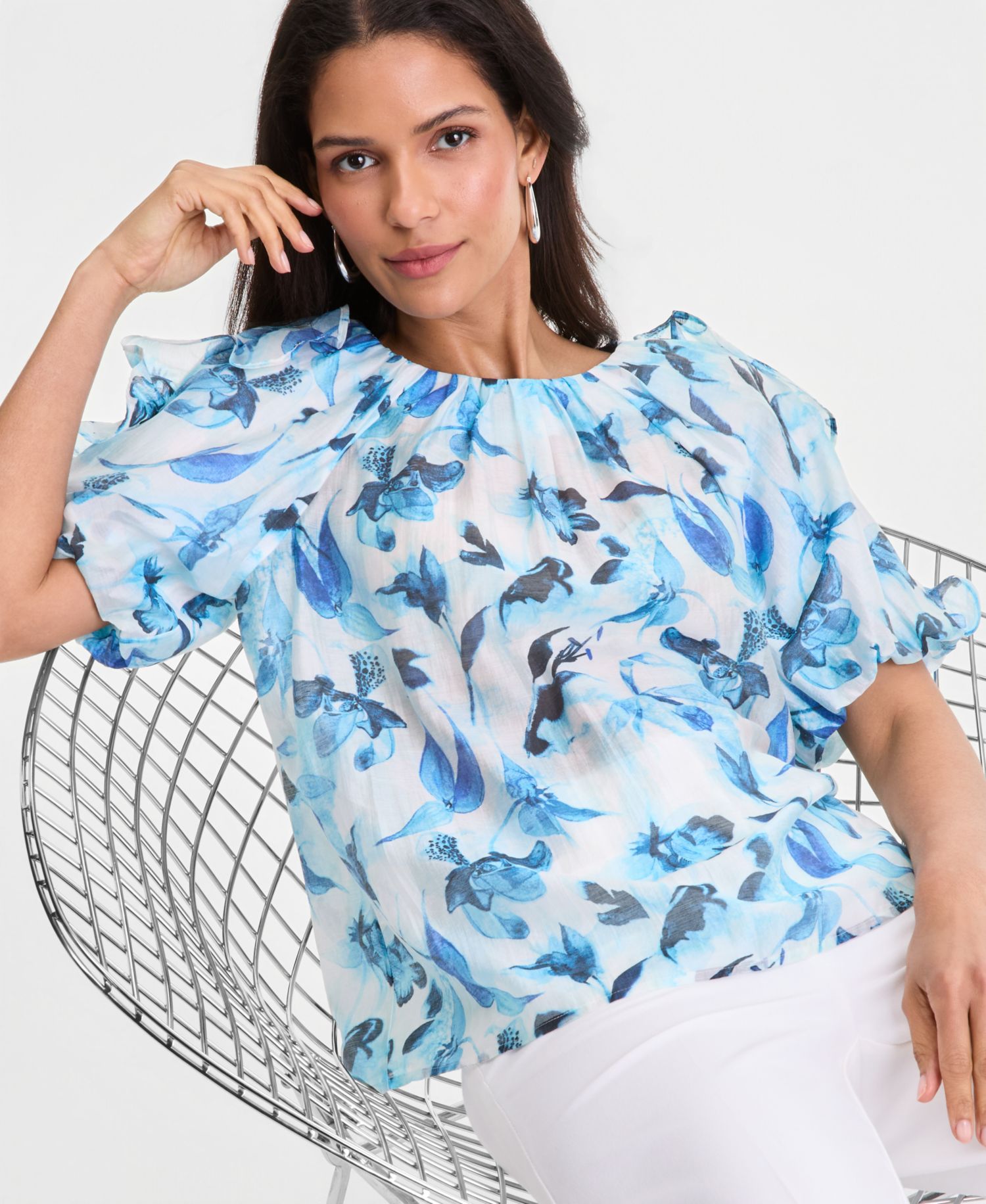 Women's Printed Ruffle-Sleeve Top