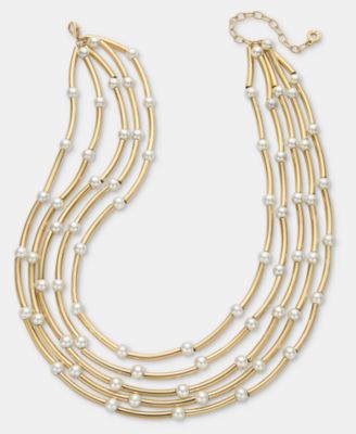 Gold-Tone Curbed Tube Faux Imitation Pearl Stationed Multi-Row Necklace