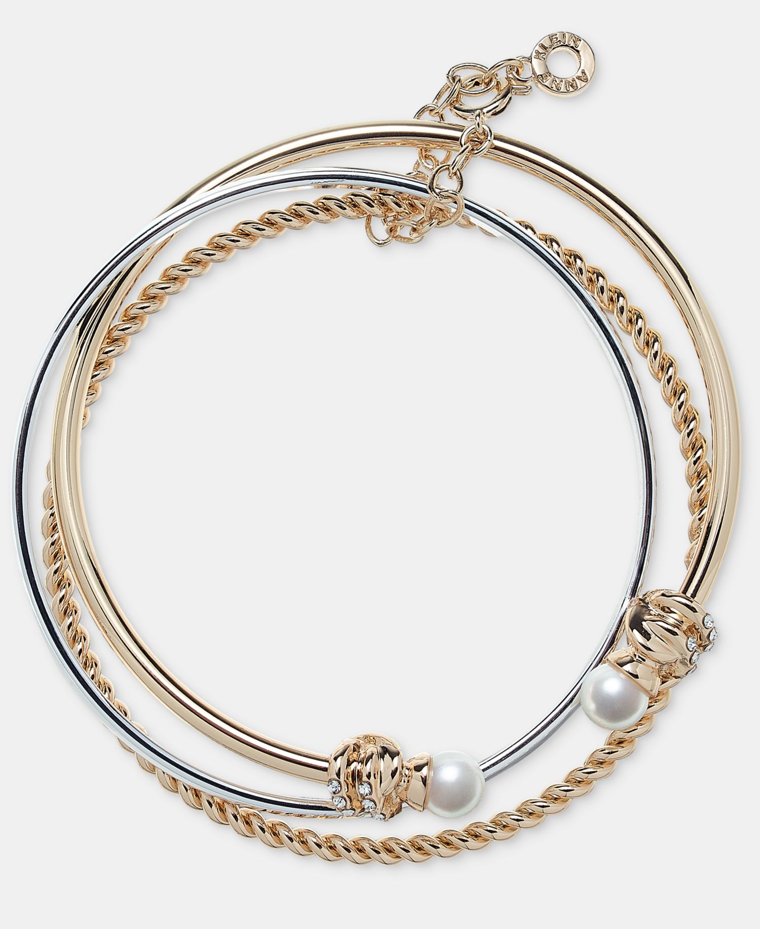 Two-Tone Boxed 3-Pc. Metal Imitation Pearl Bangle Bracelet Set