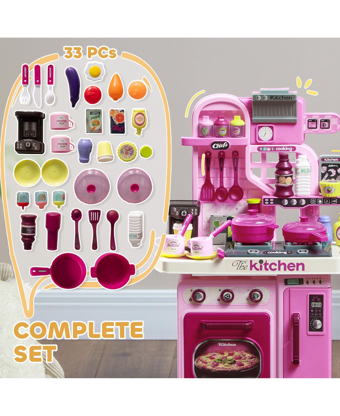 Детская игрушка Qaba Kids Play Kitchen with Lights, Sounds, 33 Accessories, Storage, цвет: Розовый — фото 6