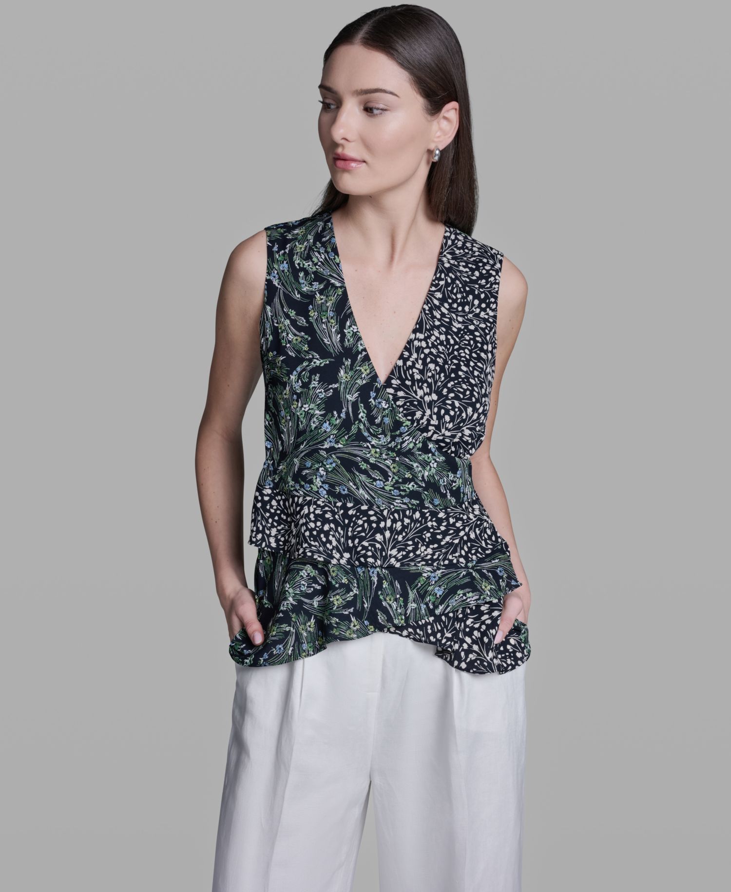 Women's Sleeveless Wrap Front V-Neck Polyester Top