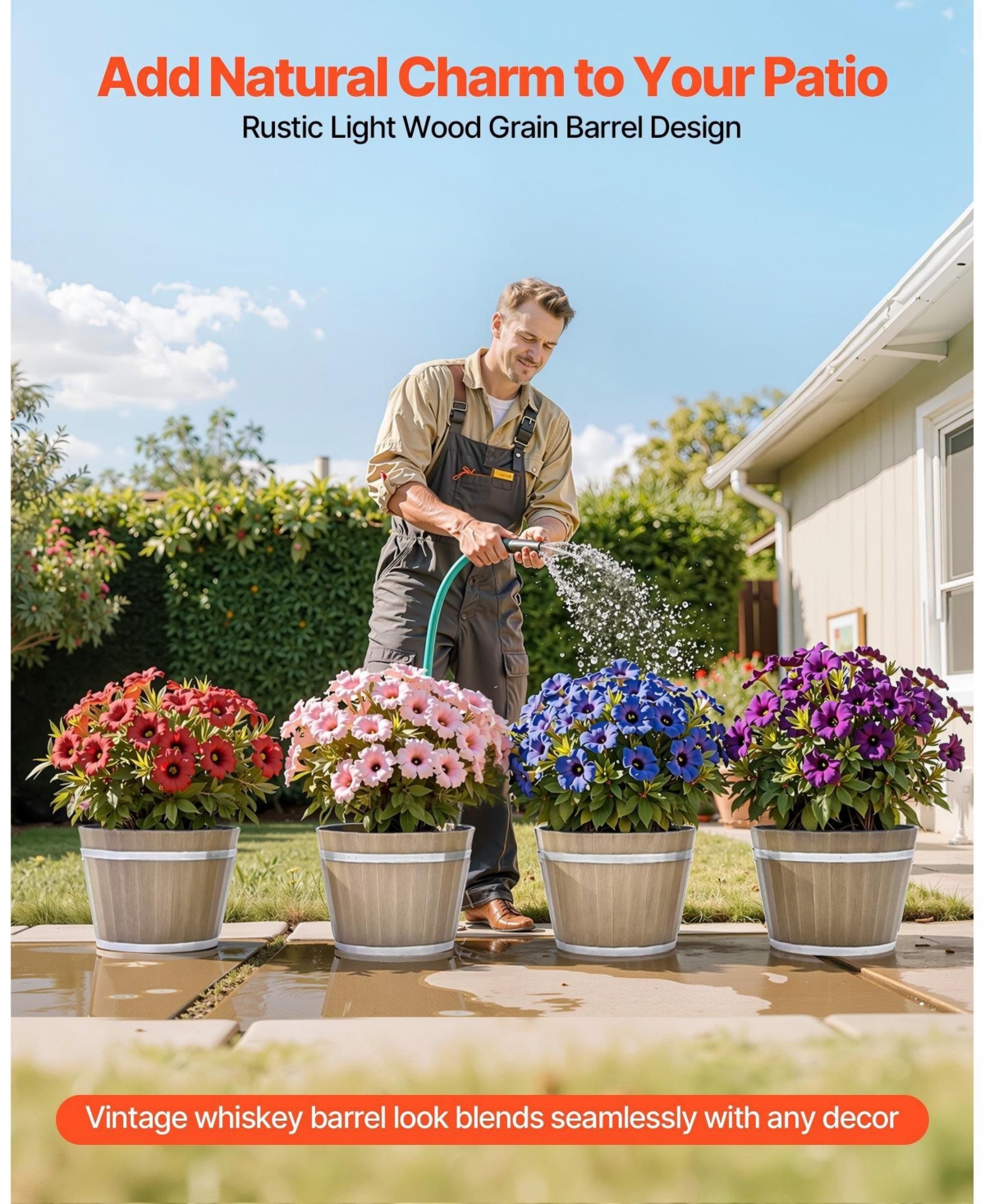 Gouun 4 Pack Resin Barrel Planters, 11.81 inch Decorative Flower Pots with Drainage Holes