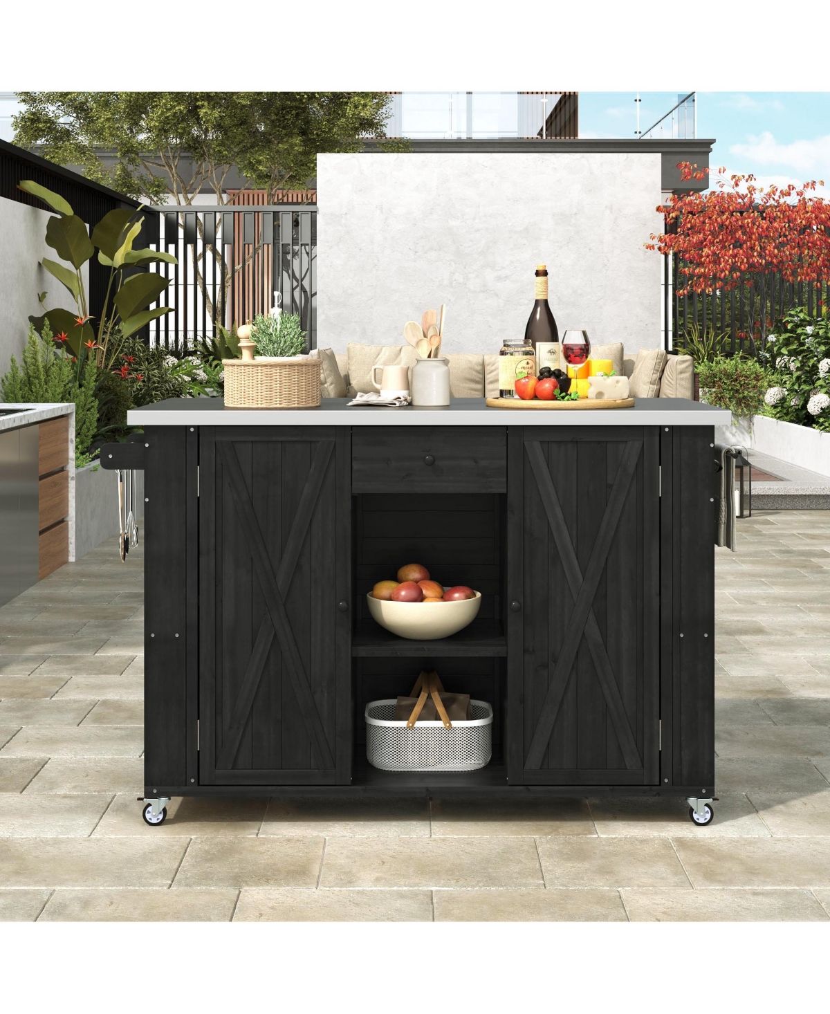Clihome Outdoor Kitchen Storage Island Fir Wood with Stainless Steel Top