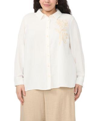 Plus Size Button-Down Tunic Flower Applique Blouse