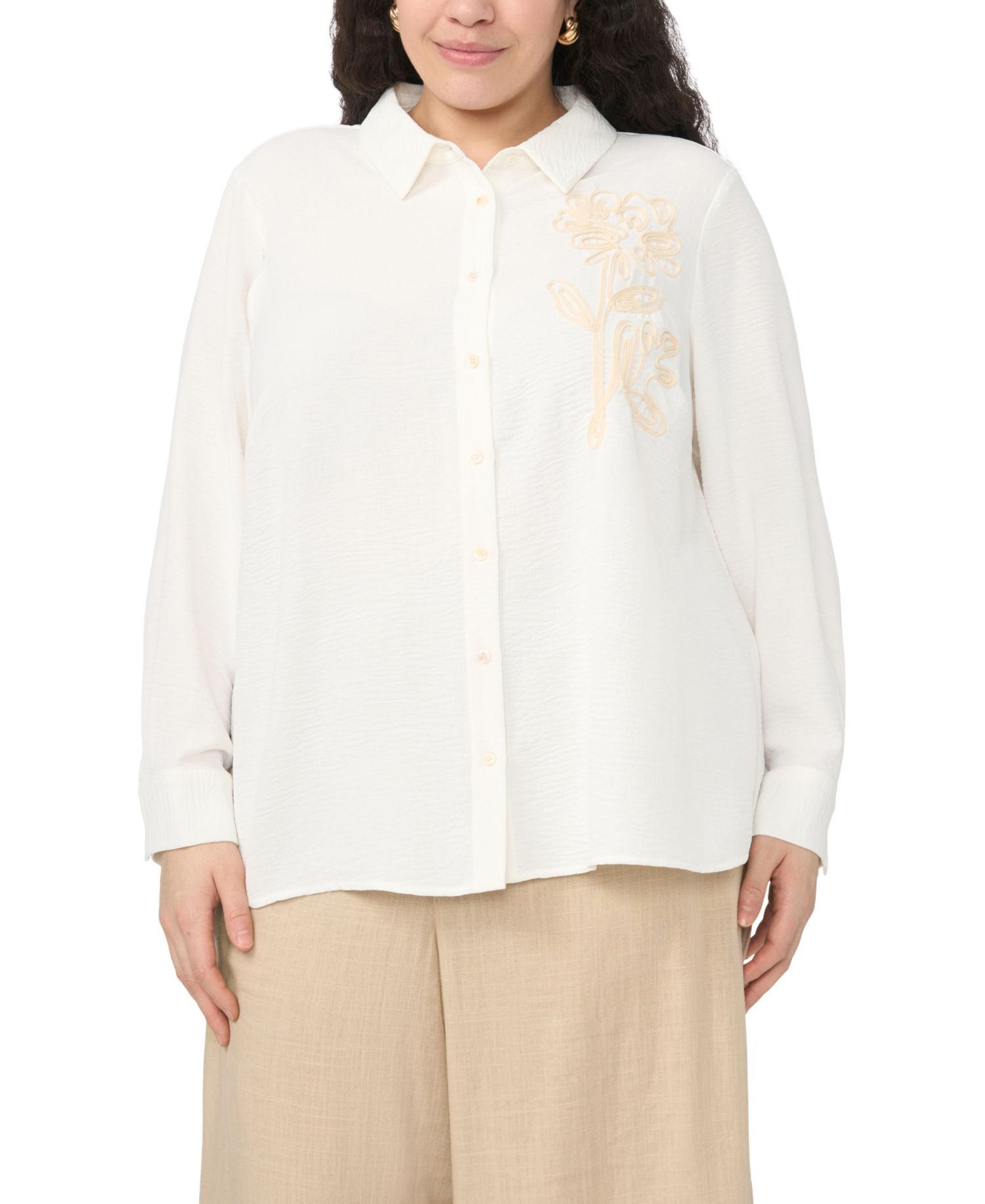 Plus Size Button-Down Tunic Flower Applique Blouse