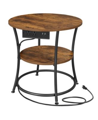 2 Tier Round Side Table with Power Outlets End Table Storage