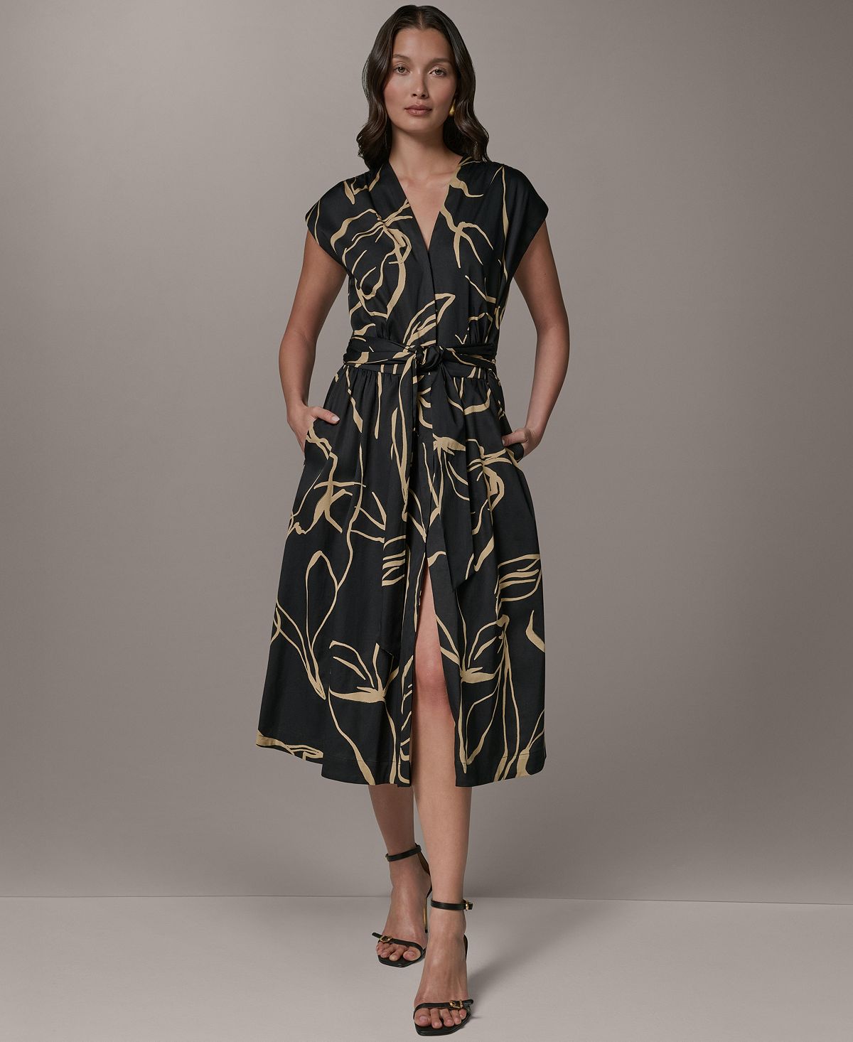 Donna Karan New York Women's Printed Tie Belt V-Neck Midi Dress view 2 — MAYCSS fashion products