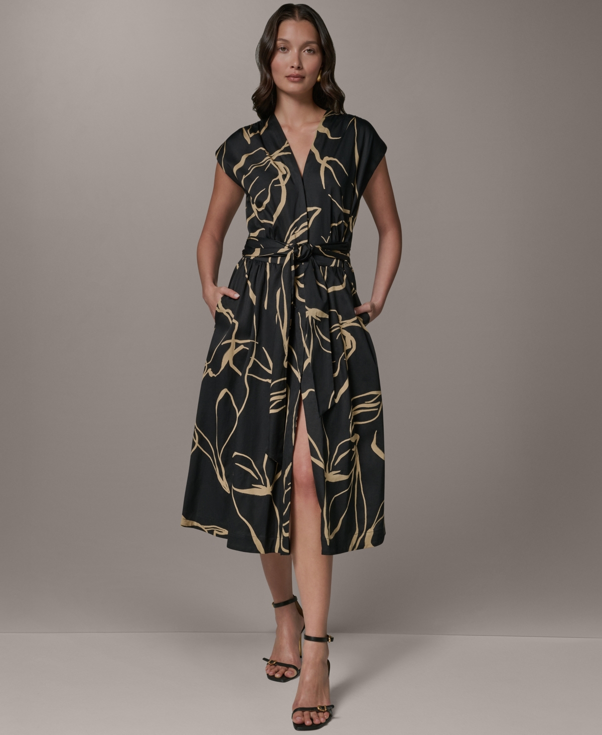 Donna Karan New York Women's Printed Tie Belt V-Neck Midi Dress