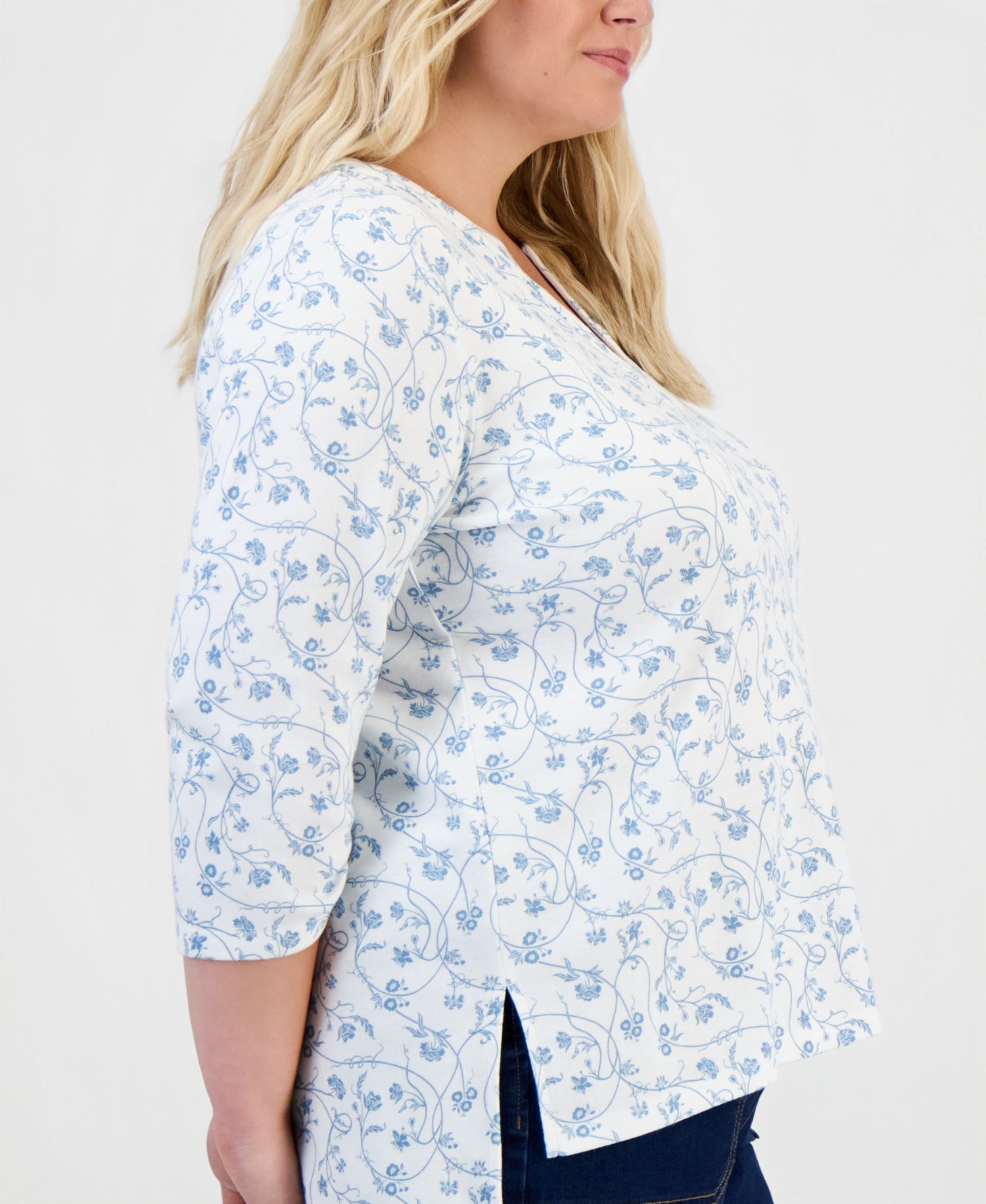 Petite Printed Split Neck 3/4-Sleeve Tunic