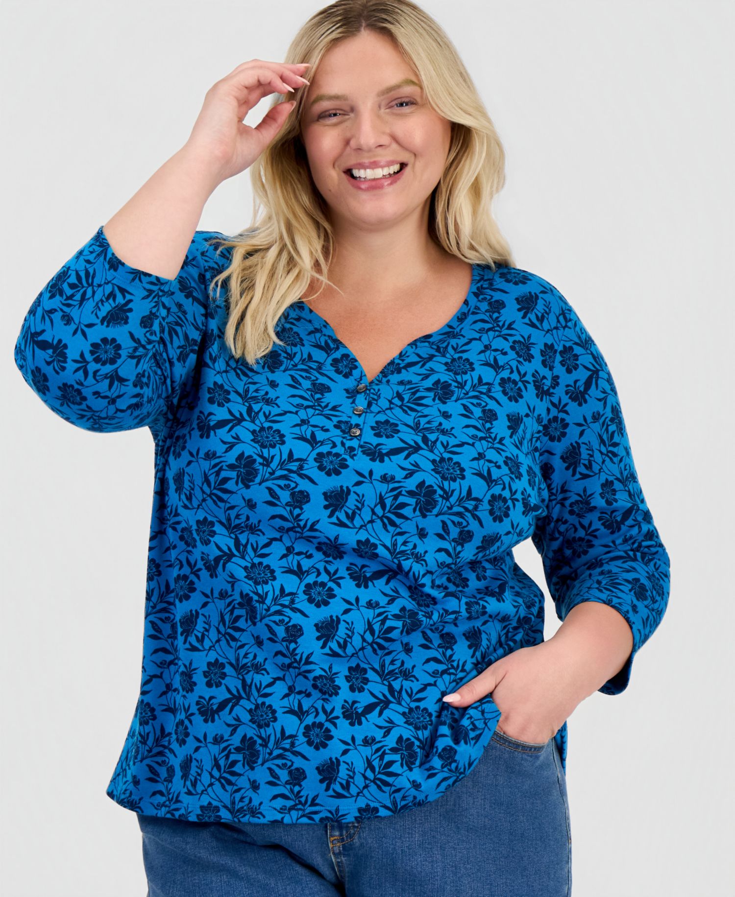 Plus Printed 3/4 Sleeve Henley Top
