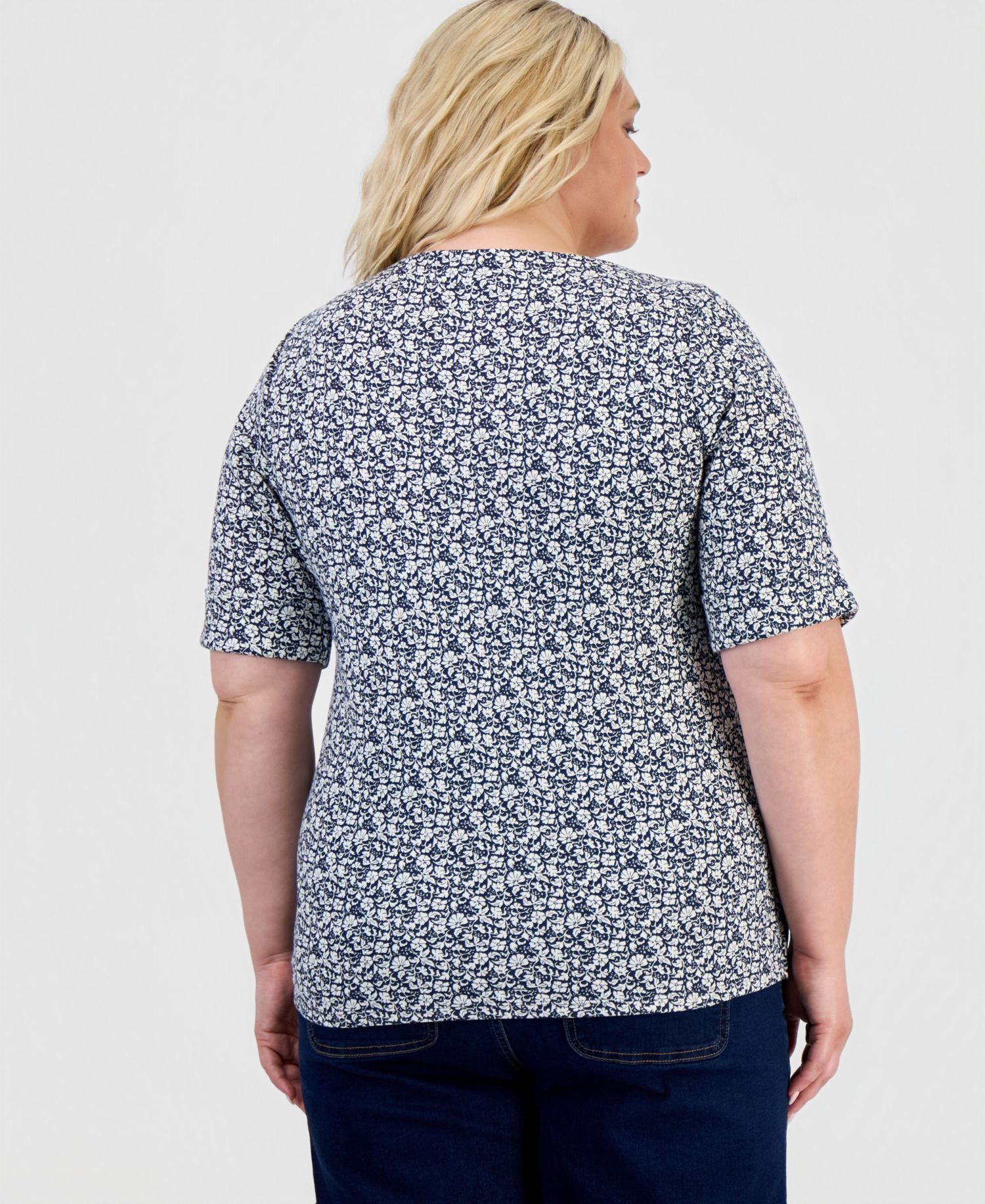 Petite Printed Boat-Neck Elbow Sleeve Top