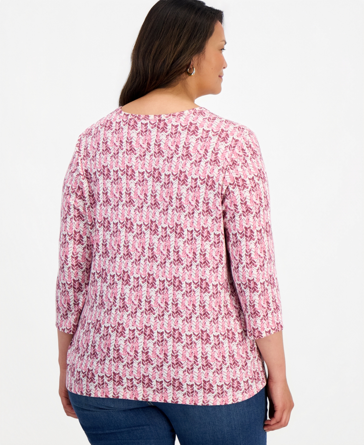 Style & Co Plus Textured Arrow V-Neck 3/4-Sleeve Cotton-Blend Top, Macy's Exclusive