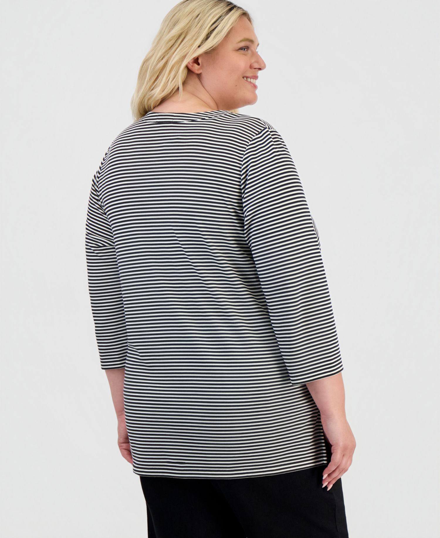 Plus Size Striped 3/4-Sleeve Split-Neck Tunic