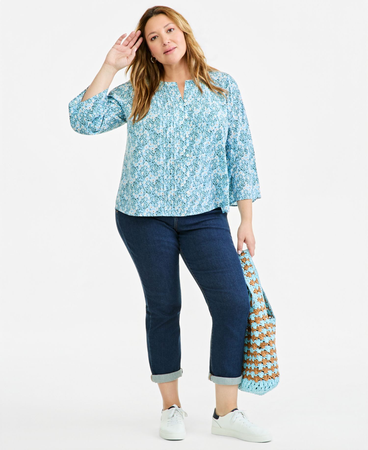 Plus Printed Bell-Sleeve Pintuck Blouse