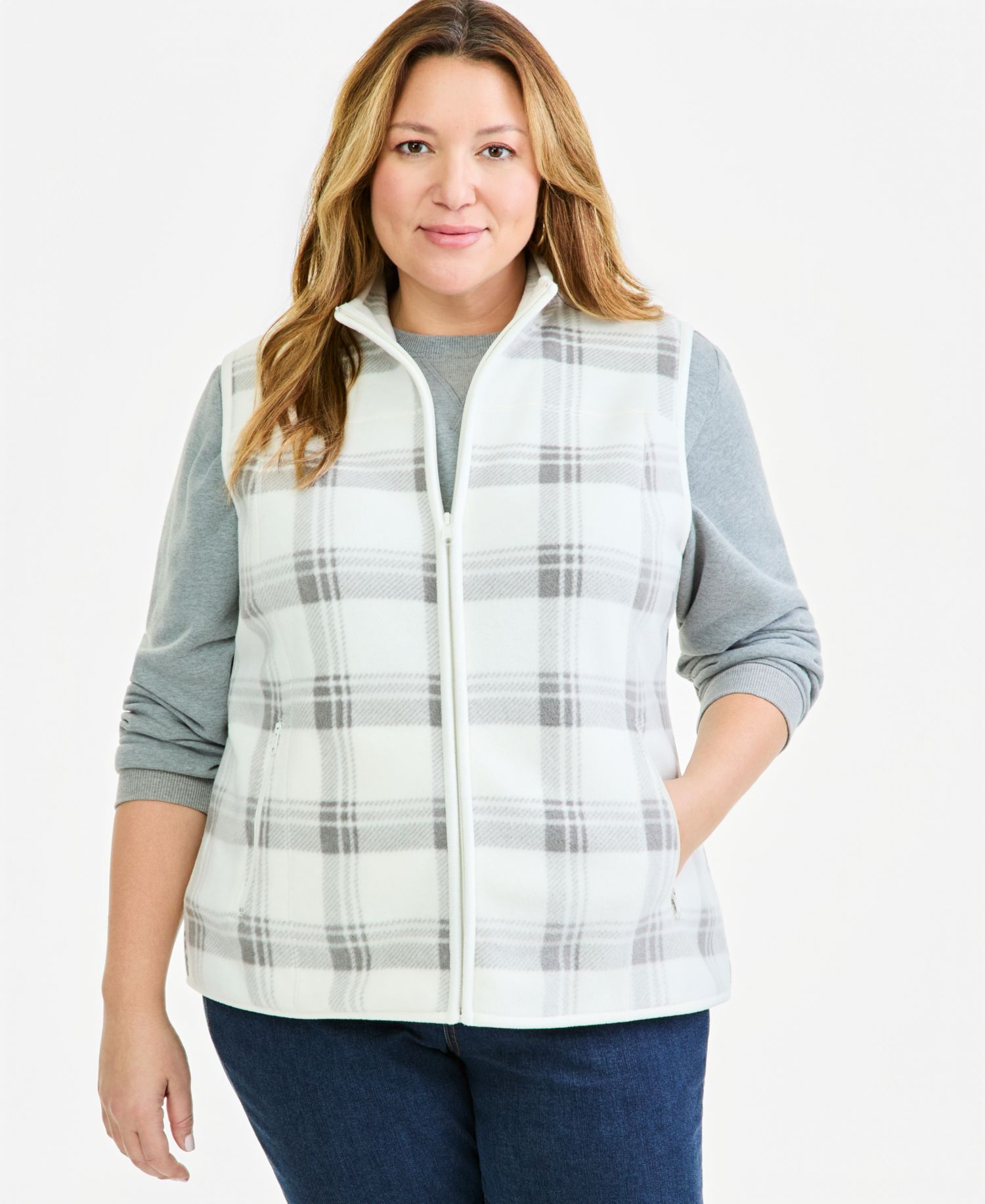 Plus Size Plaid Zip-Front Polar Fleece Vest
