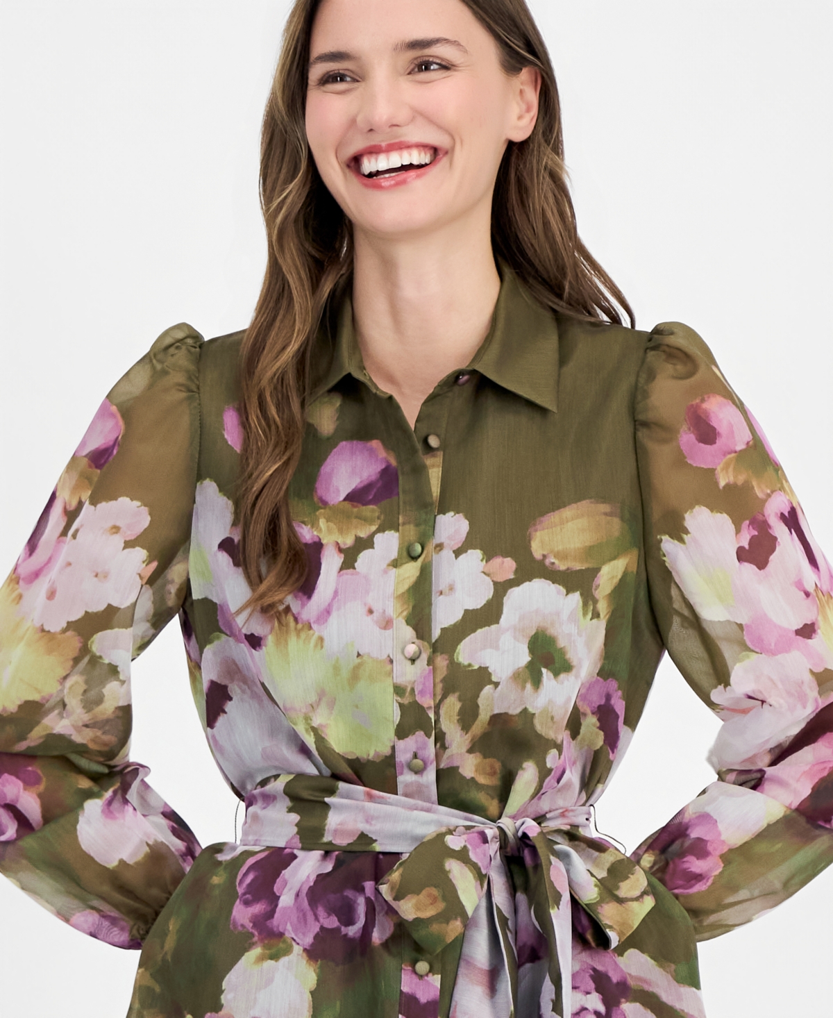 Anne Klein Women's Tiered Chiffon Tie-Waist Shirtdress