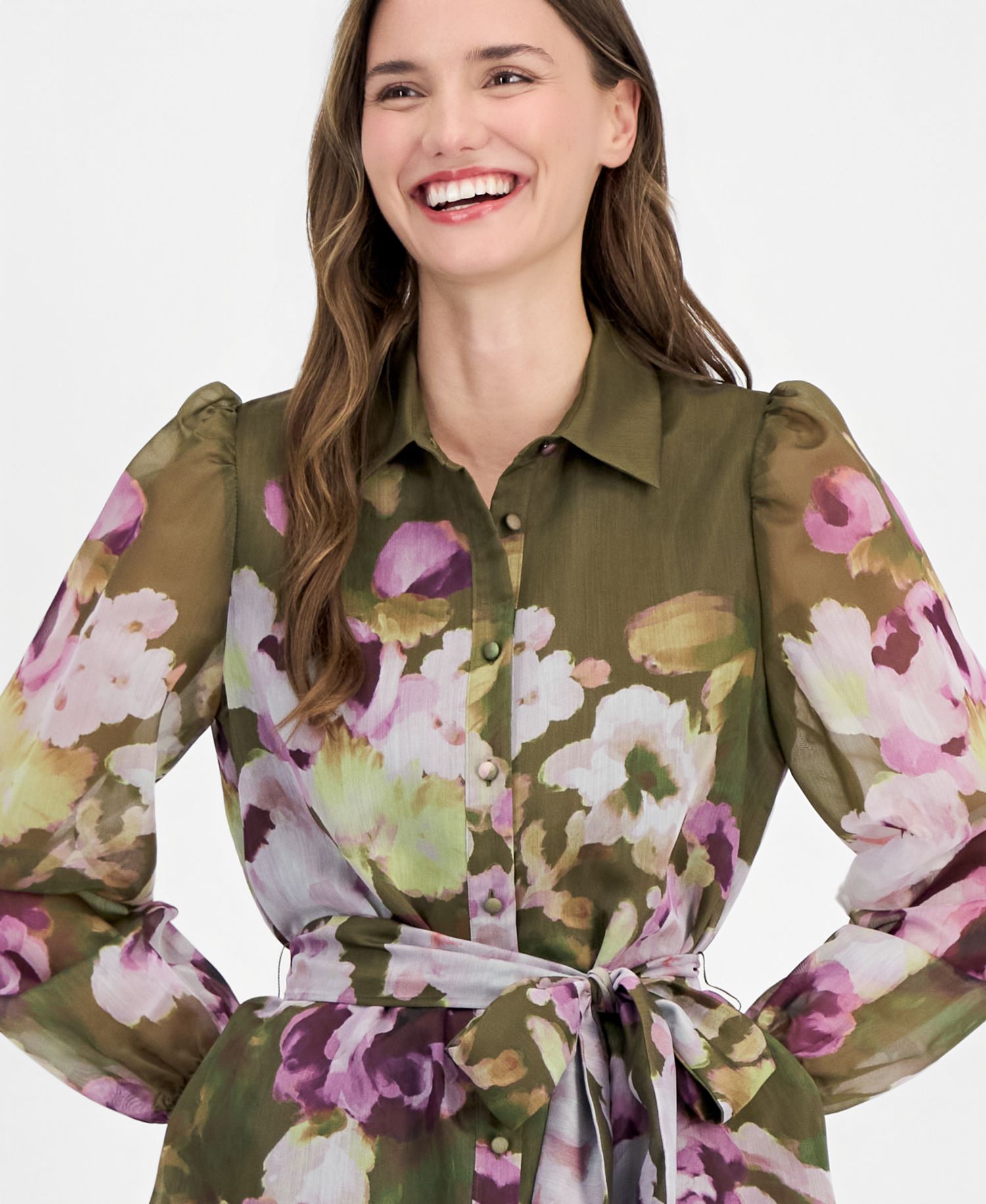 Women's Tiered Chiffon Tie-Waist Shirtdress
