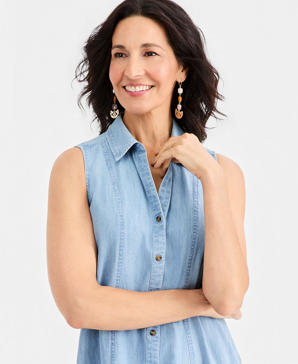 Style & Co Women's Cotton Chambray Sleeveless Dress, Macy's Exclusive view 4 — MAYCSS fashion products