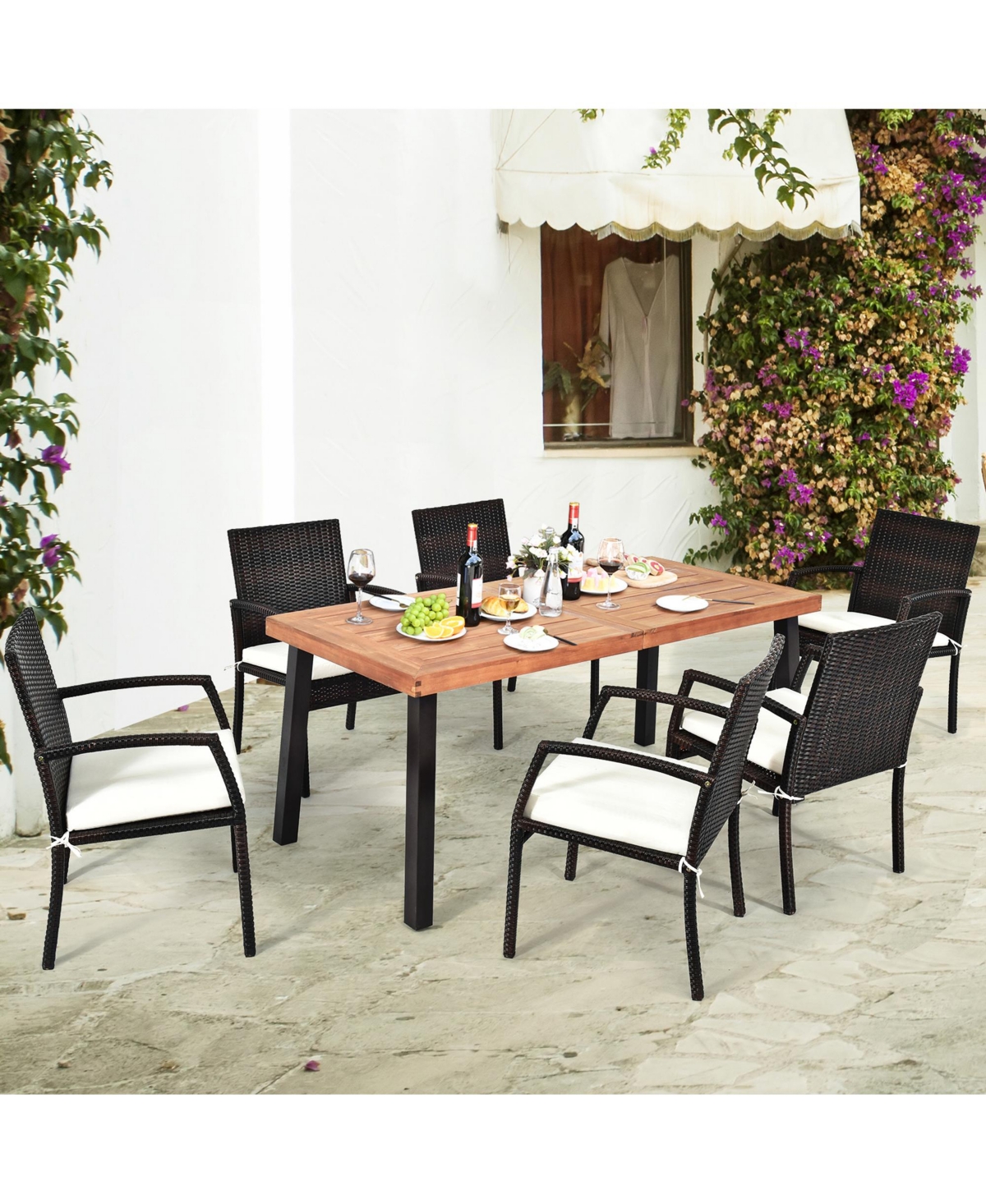 Gymax 7PCS Patio Rattan Dining Set Wooden Table Top Cushioned Chair Garden