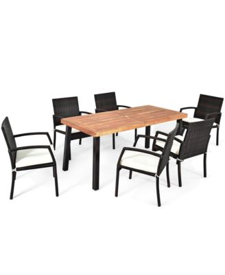 7PCS Patio Rattan Dining Set Wooden Table Top Cushioned Chair Garden