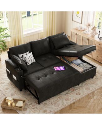 Sleeper Sofa Bed, 3-in-1 Pull Out Couch with Reversible Chaise, Leather Sleeper Sofa