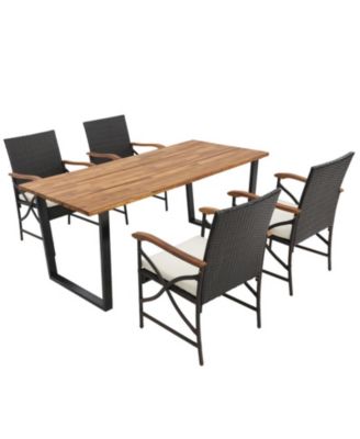 5-Piece Patio Rattan Dining Set with Acacia Wood Tabletop and Armrests