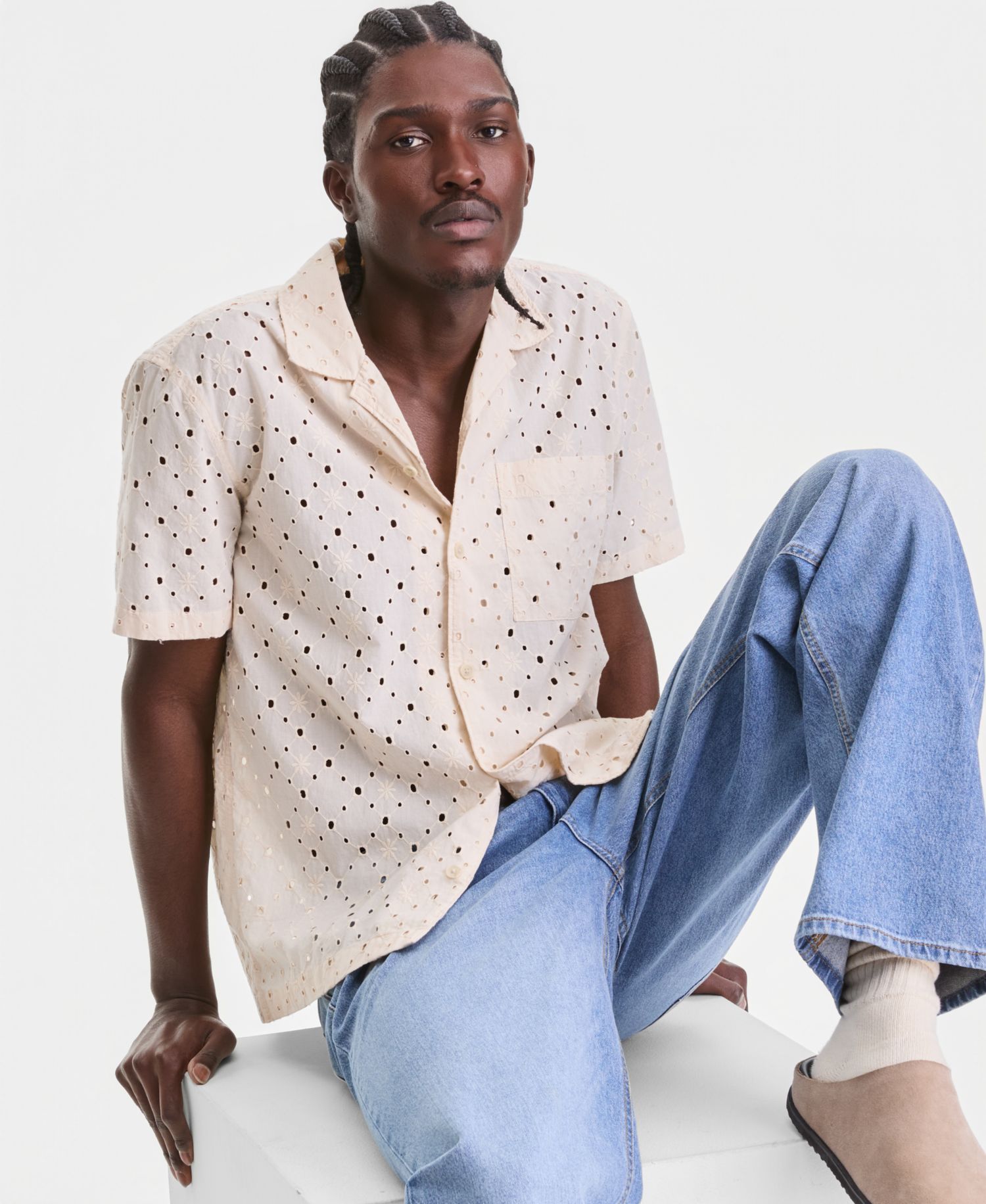 Men's Cotton Eyelet Short-Sleeve Camp Shirt