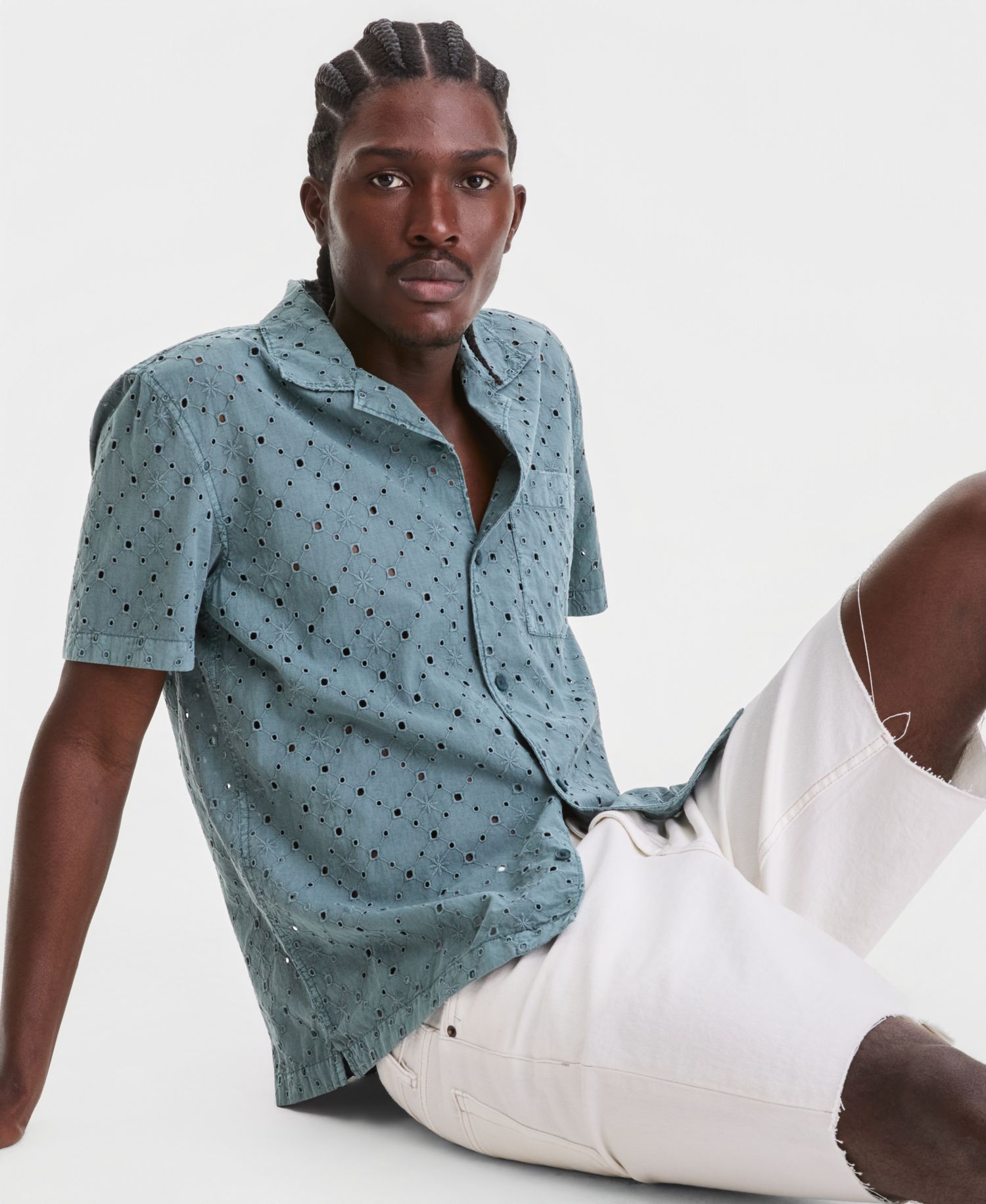 Men's Cotton Eyelet Garment-Dyed Short-Sleeve Camp Shirt