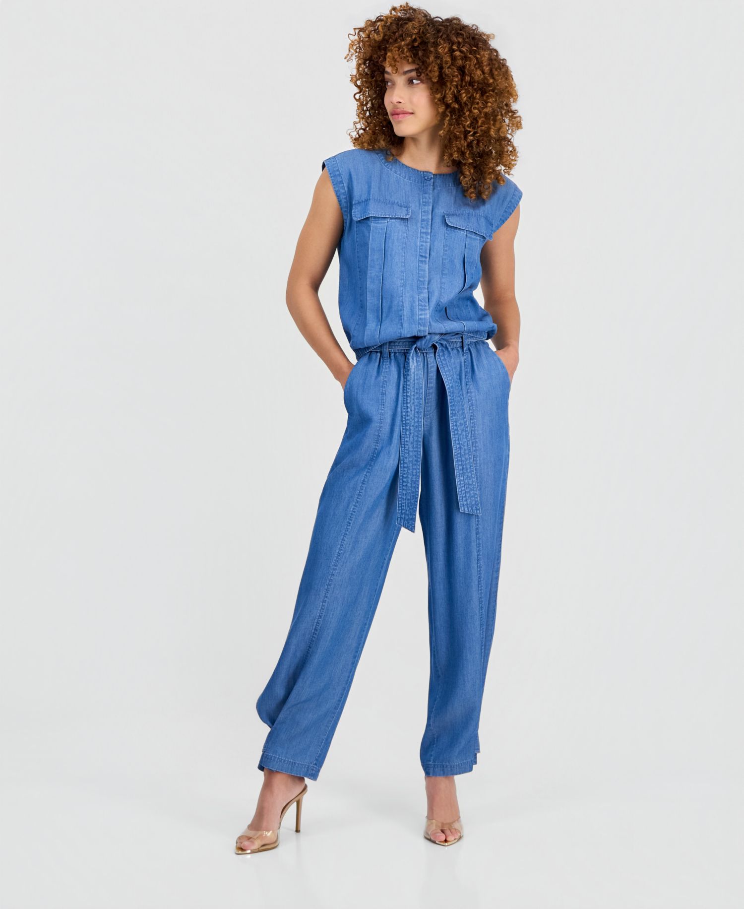 Petite Chambray Drop-Shoulder Top & High-Rise Belted Tapered Pants