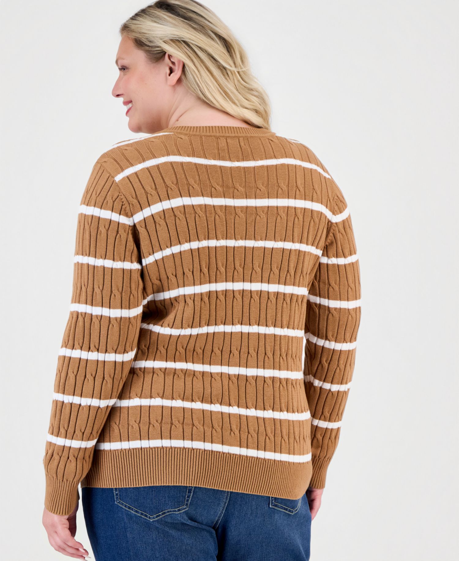 Plus Size Striped Cable-Knit V-Neck Sweater