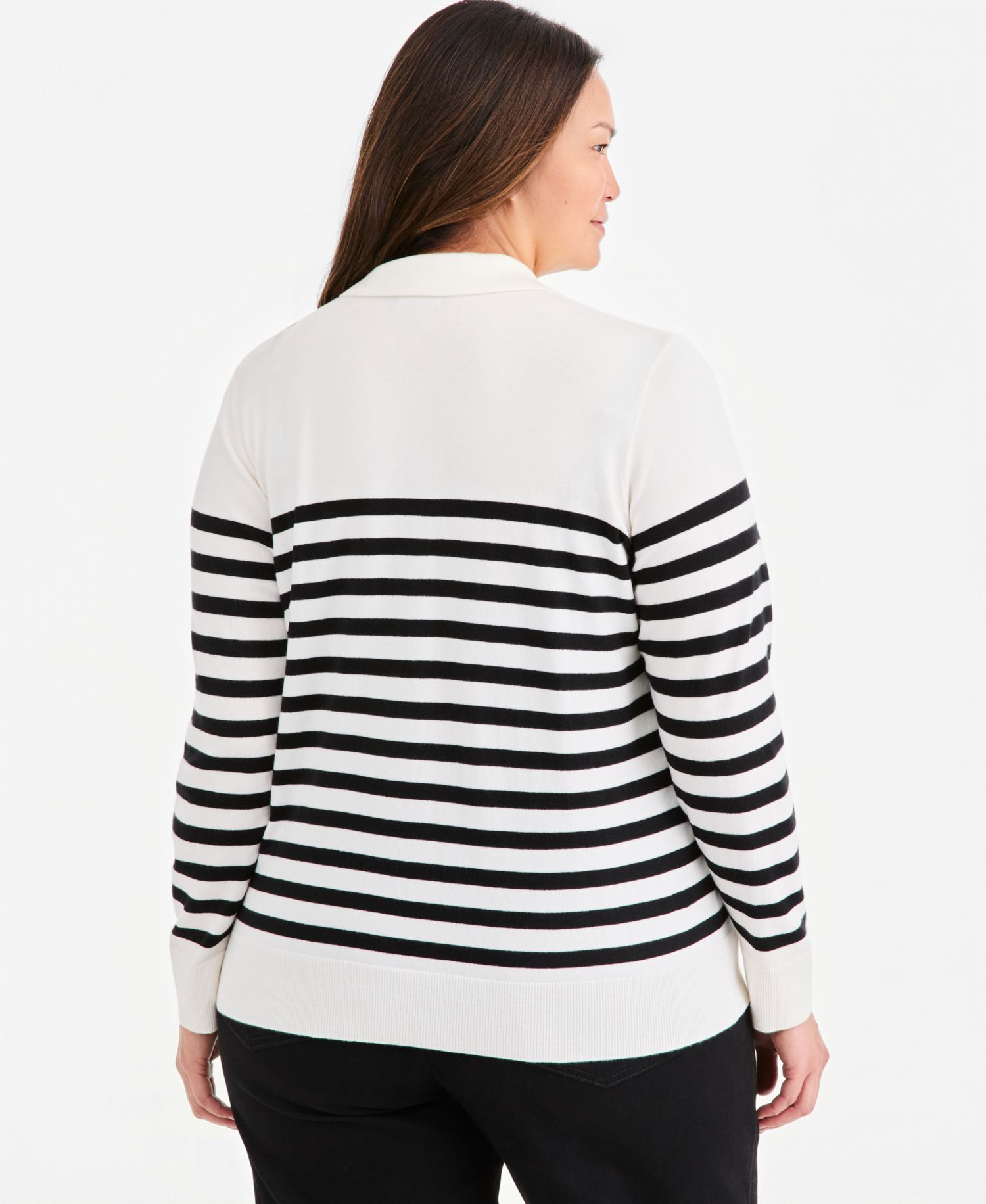 Plus Size Striped Long-Sleeve Polo Sweater
