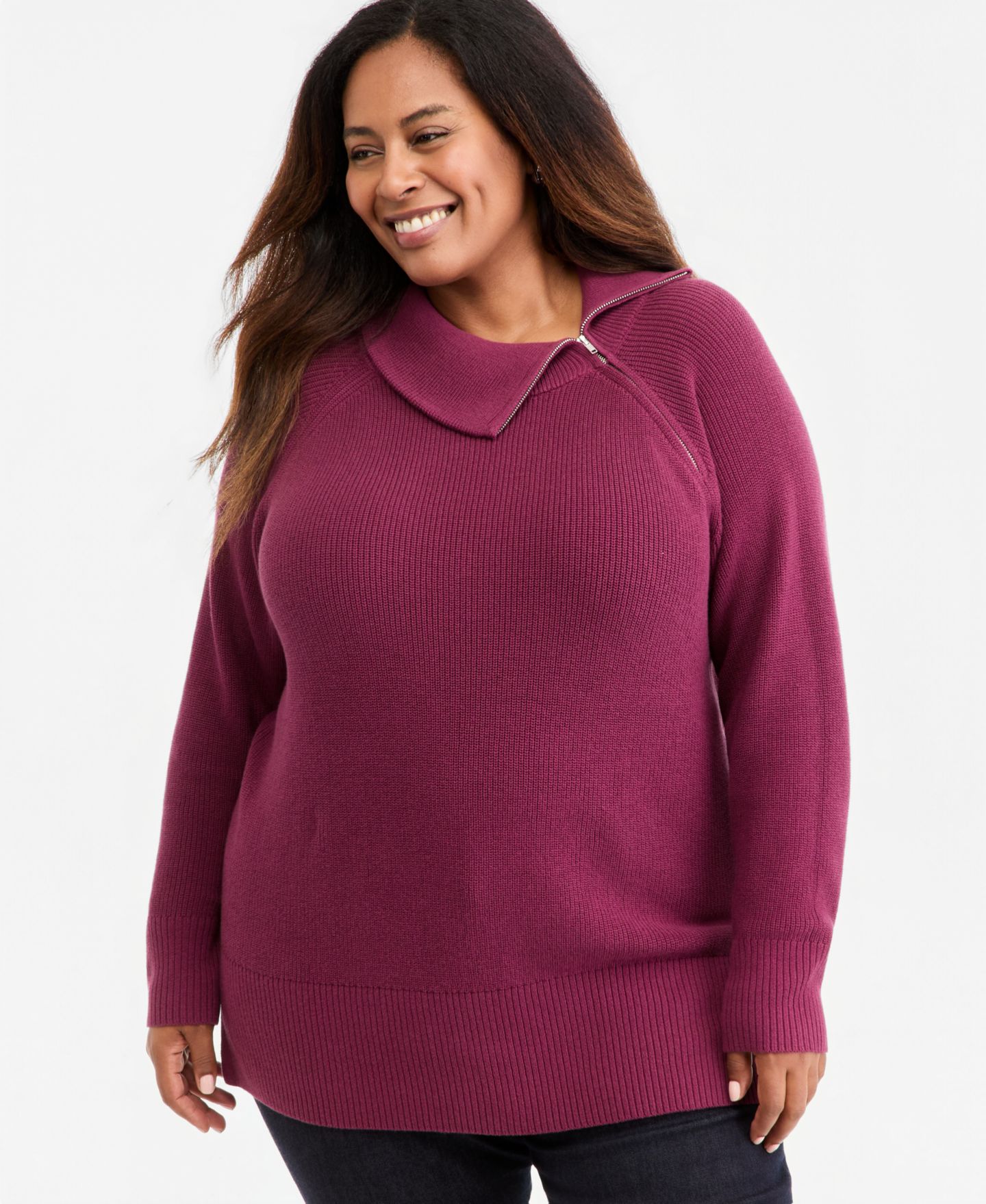 Женский свитер Style & Co Plus High-Neck Zip Cotton, цвет: New Brickberry — фото 1
