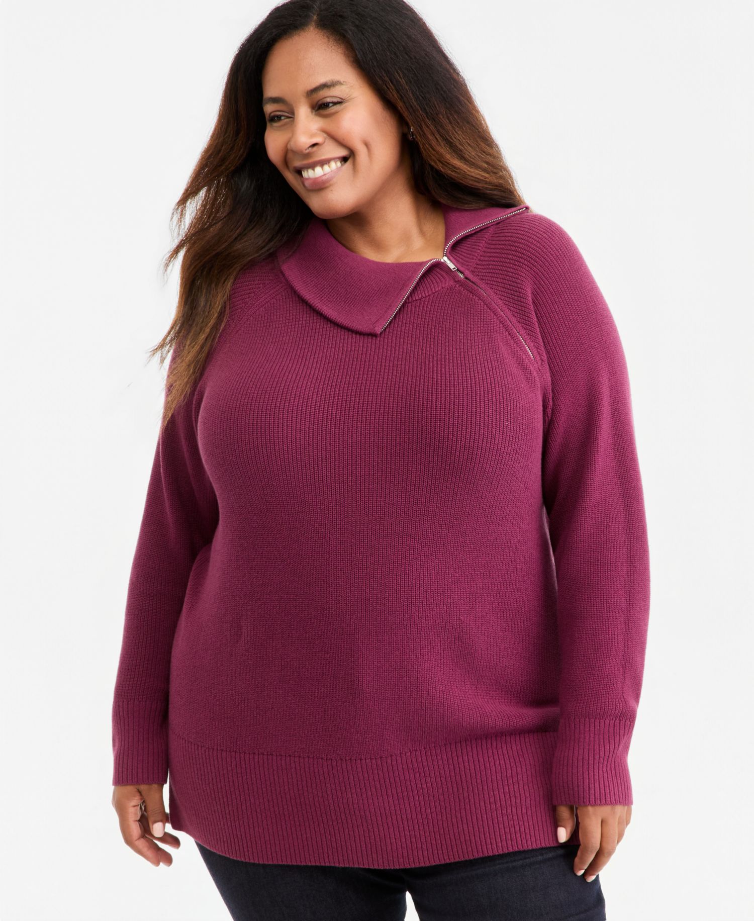 Petite High-Neck Zip Cotton Sweater