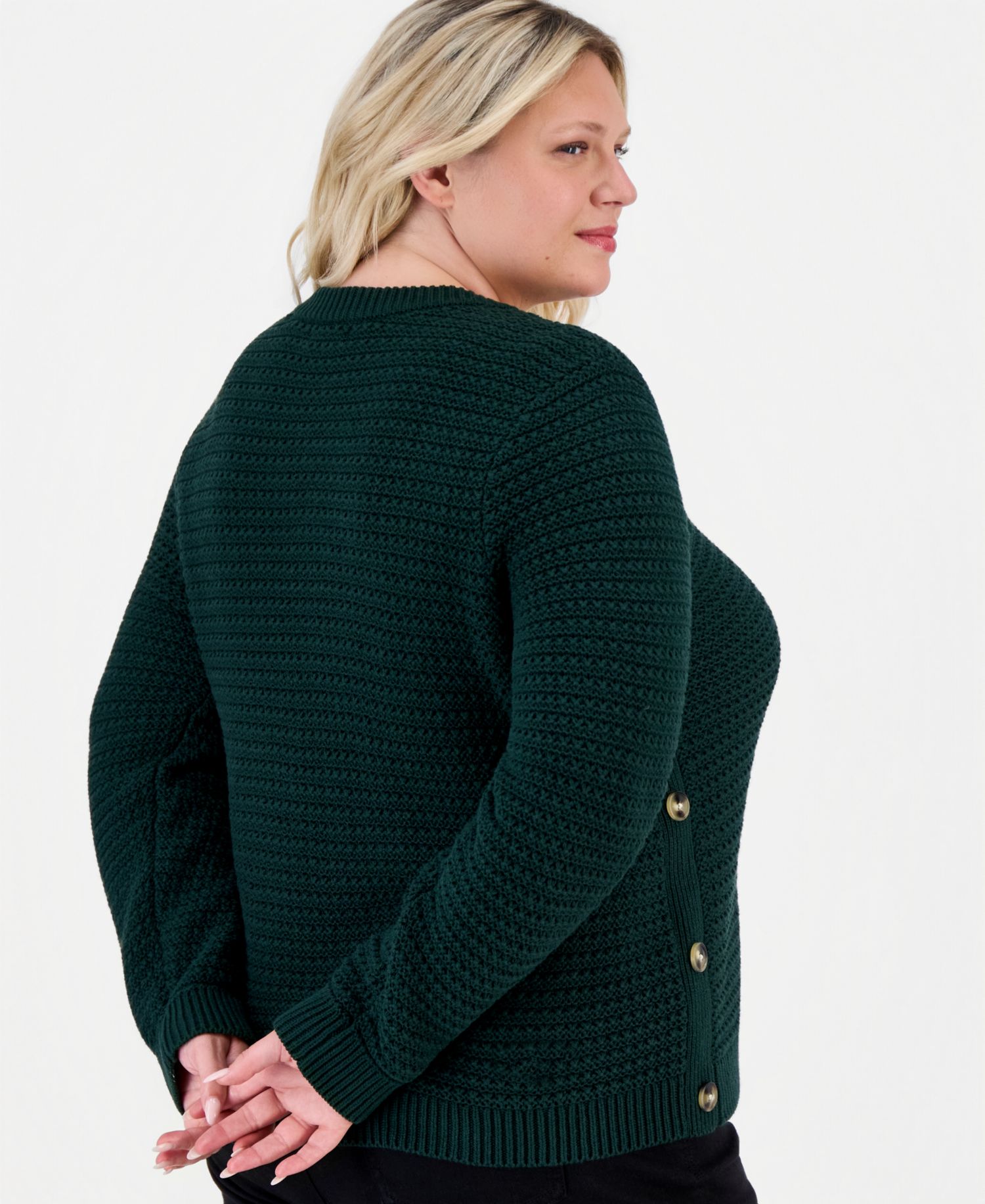Plus Crewneck Ribbed-Knit Side-Button Sweater
