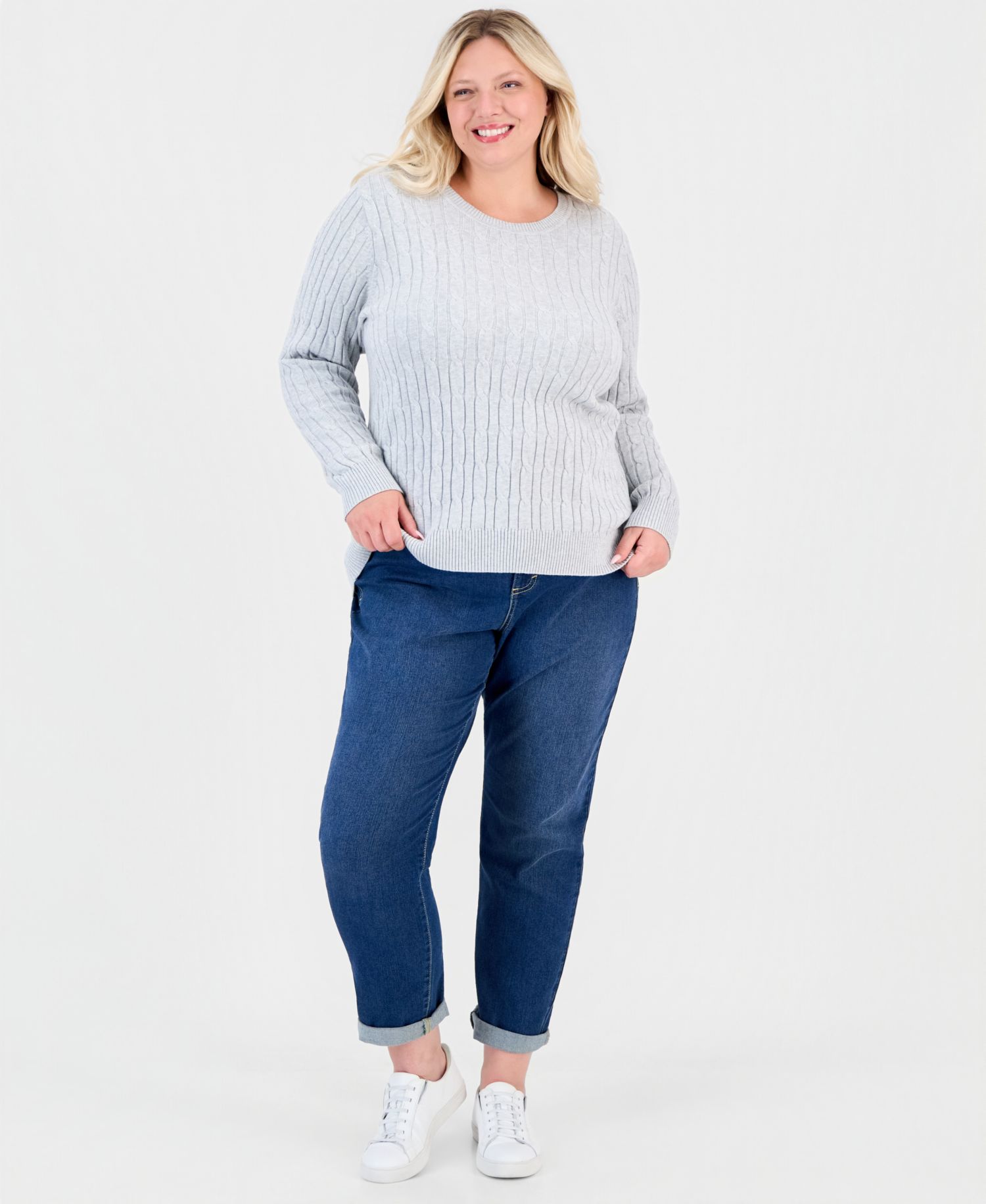 Petite Cotton Cable-Knit Crewneck Sweater
